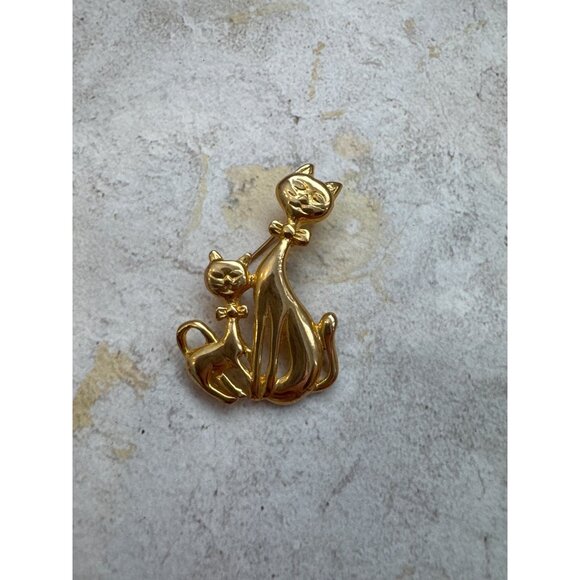 Gold Tone Cats Brooch Mom and Baby - Picture 2 of 4